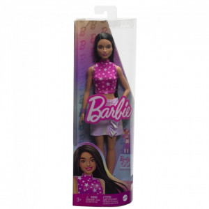 HRH13 Papusa Barbie Fashionista cu par negru drept si fusta iridescenta