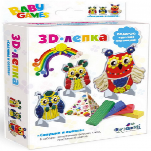 SET Baby Games.3D-лепка "Совушка и совята", 2 фигурки, пластилин 6цв, стека арт 03258