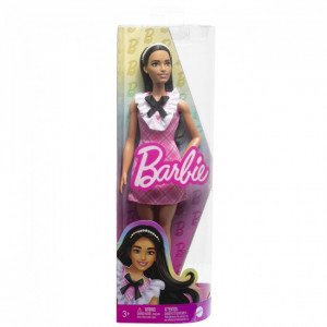 HJT06 Papusa Barbie Fashionista cu parul  negru si rochie cu carouri”