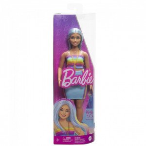 HRH16 Papusa Barbie Fashionista cu parul albastru, bluza curcubeu si fusta de culoare verde-visinie