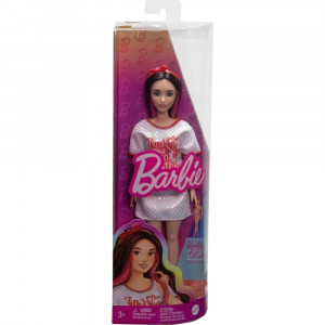 HRH12 Papusa Barbie Fashionista cu par negru ondulat cu rochie Twist n Turn