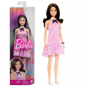 HRH21 Papusa Barbie Fashionista in rochie roz in carouri 