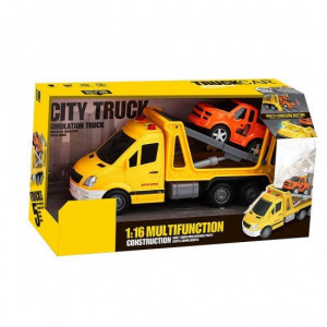 JS142 Evacuator galben, cu masina portocalie, cu frictiune, sunete si lumini 1:16, jstoys