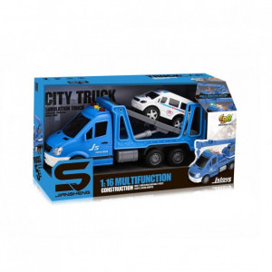 JS142A Evacuator albastru, cu masina alba, cu frictiune, sunete si lumini 1:16, jstoys