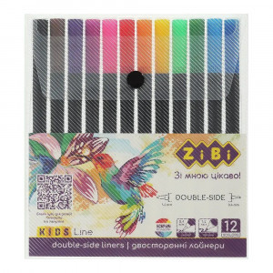 Set Linere 12 Culori, Double-Sede (0.4 Tip+Brush), Plastic Pencil Case, Kids Line ZB.2851