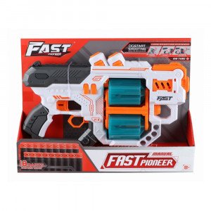 BH704 Blaster de jucarie manual cu gloante din spuma, 18 proiectile, 2 cilindre rotative, Fast Pioneer