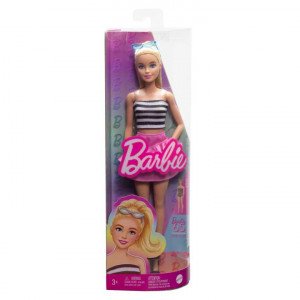 HRH11 Papusa Barbie Fashionista in top cu dungi si fusta roz