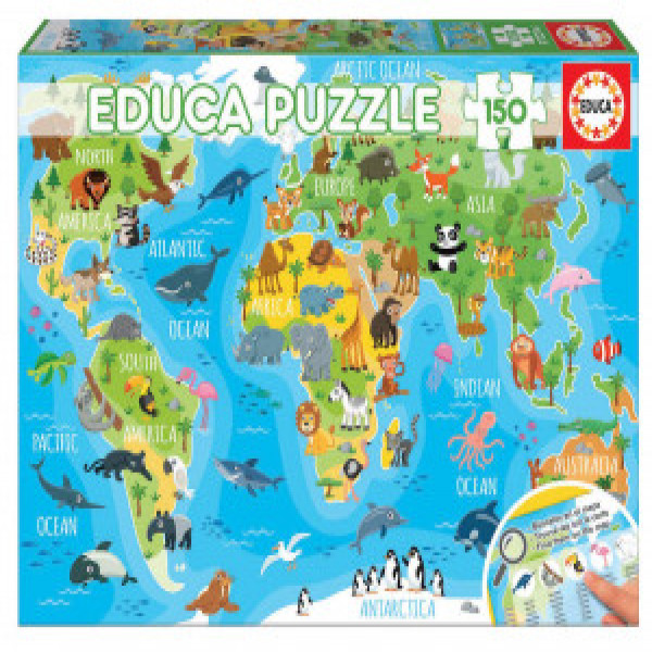 Educa 18115 Puzzles 150 Animals world map