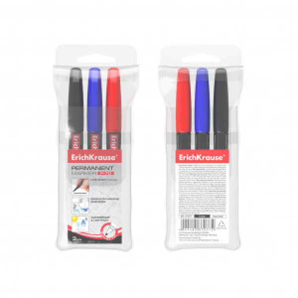 37077 Marker permanent ErichKrause P-70, colors: black, blue, red (pouch 3 pcs.)