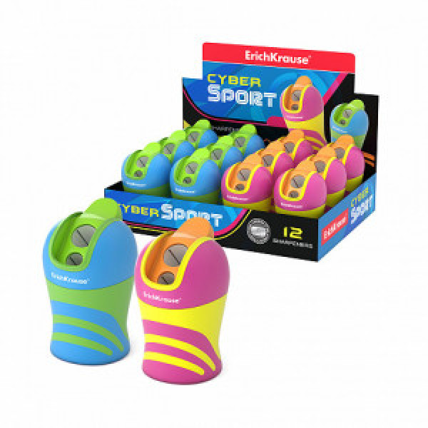 50473 Ascutitoare ErichKrause Cyber Sport, double hole, with container, assorted (box 12 pcs.)
