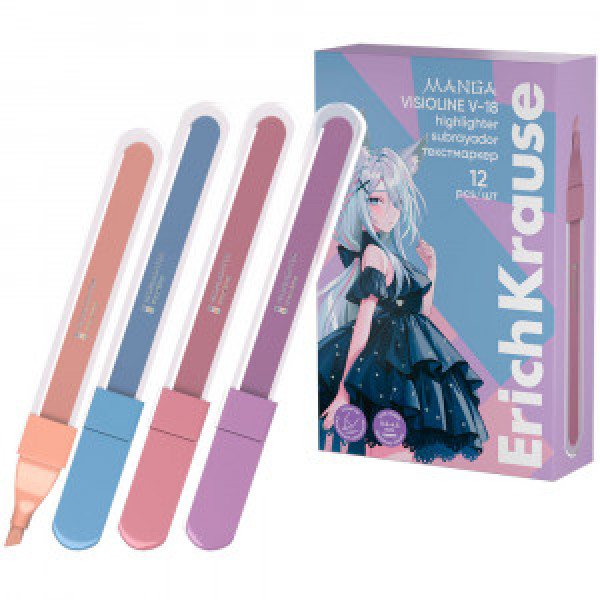 60811 Marker text ErichKrause Visioline V-18 Manga color lilac, rose, beige, pale blue (box 12 pcs.)