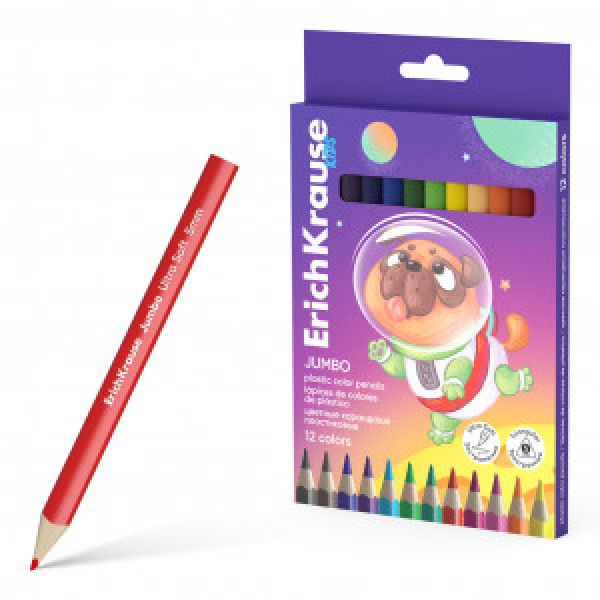61077 Creioane color 12cul. triangular ErichKrause Kids Jumbo Space Animals, 5mm