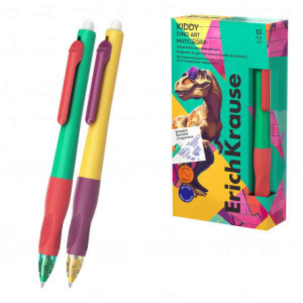 63696 Pix cu radiera gel ErichKrause Kiddy Matic&amp;Grip Dino Art 0.5, ink color: blue (box 10 pcs.)