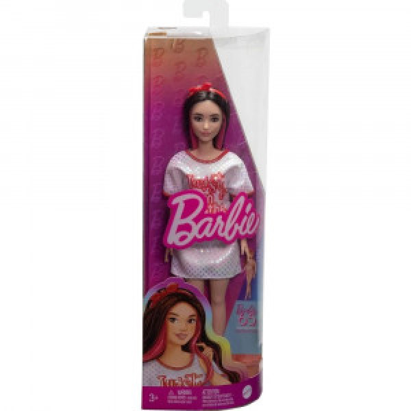HRH12 Papusa Barbie Fashionista cu par negru ondulat cu rochie Twist n Turn