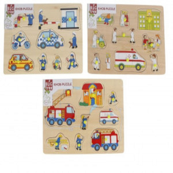 610067 Puzzle din lemn 3 tipuri politie ambulanta pompieri 30x22cm Big Tree
